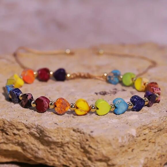 Multi Color Jasper Natural Heart Stone Beaded Bracelet Anklet Braided Adjustable - Picture 1 of 7